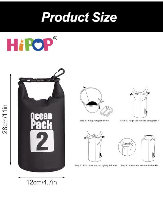 HIPOP 2L Waterproof Dry Bags, Lightweight Hiking Diving Bag Keep Gear Dry Clean, Roll Top Dry Compression Sacks Small Large for Kayaking, Gym, Hiking, Swimming, Canoeing, Boating, Fishing (Black) - Image 2